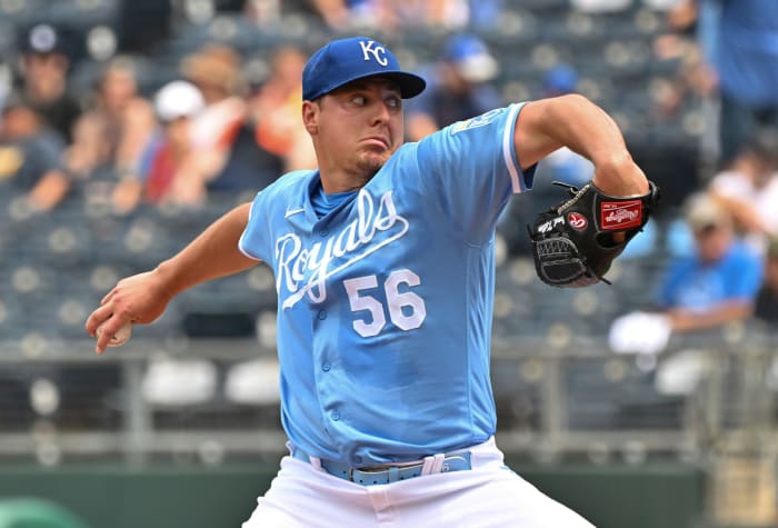 Jun 25, 2022; Kansas City, Missouri, USA; Kansas City Royals starting pitcher Brad Keller (56) delivers a pitch during the first inning against the Oakland Athletics at Kauffman Stadium. Mandatory Credit: Peter Aiken-USA TODAY Sports